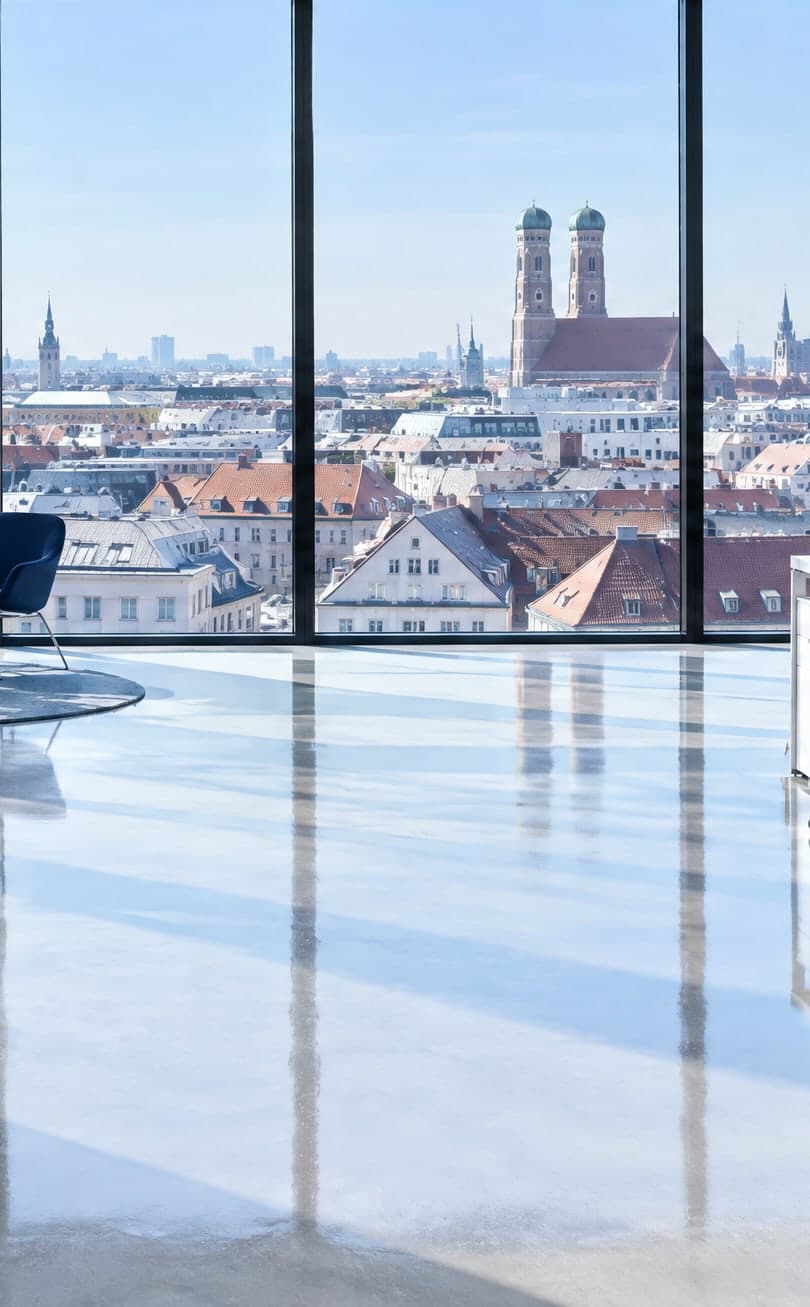 Reinigungsfirma München: frisch gereinigtes, lichtdurchflutetes Büro mit Blick auf die Frauenkirche (KI-generiertes Symbolbild)